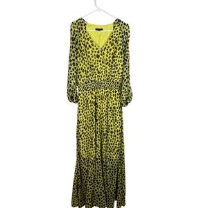 IMAN Maxi Leopard Print V Neck Long Cold Shoulder Sleeve Dress Women Size Medium